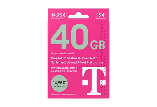 Telekom MagentaMobil Prepaid L SIM-Karte mit 40 GB Datenvolumen - Die Telekom MagentaMobil Prepaid L SIM-Karte bietet dir 40 GB Datenvolumen im LTE Max/5G-Netz für nur 14,95 € alle 4 Wochen. Ideal für uneingeschränktes Surfen und Telefonieren in Deutschland und der EU.