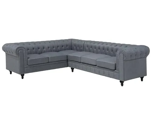 BELIANI Ecksofa Hellgrau Chesterfield Stil L-Förmig Rechtsseitig - Glamouröses Ecksofa im Chesterfield Stil mit breiten Armlehnen und dick gepolsterten Kissen für höchsten Komfort. Perfekt für stilvolle Wohnzimmer und pflegeleicht.