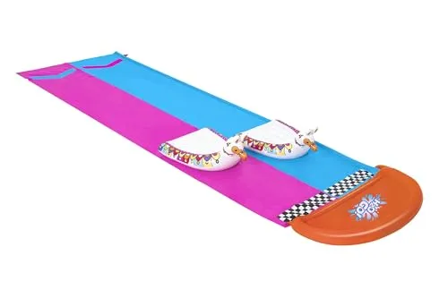 Bestway Doppel-Wasserrutsche mit aufblasbaren Schwimmtieren 487 x 138cm - Outdoor Wasserspielzeug, ideal für heiße Tage mit integrierten Sprinklern für extra Spaß und Abkühlung. Perfekt für 2 Personen, ab 3 Jahren.