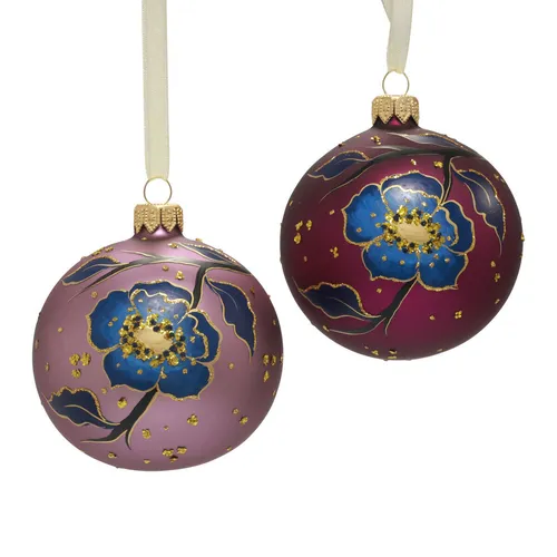 Weihnachtskugeln Glas Lila mit Blumenmotiv, Glitzer Christbaumkugeln Set