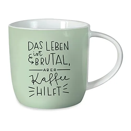 Grafik-Werkstatt Kaffeetasse mit Spruch 300 ml Porzellan Tasse Das Leben ist brutal, Grün