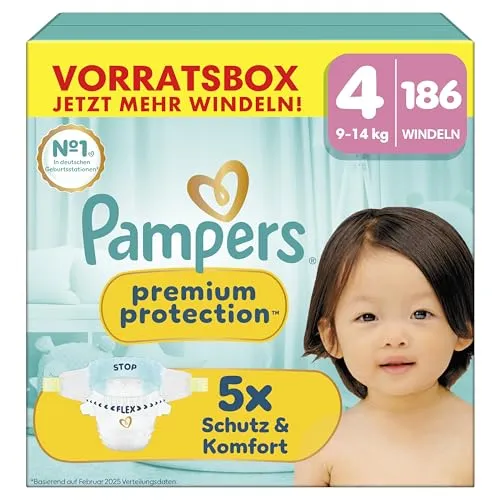 Pampers Premium Protection Größe 4, 186 Windeln, 9kg-14kg, unser Nr. 1 Haut- und Auslaufschutz