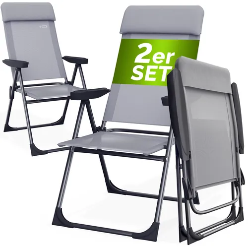 CASARIA® Klappbarer Gartenstuhl 2er-Set Grau – Hochlehner mit 7-fach verstellbarer Rückenlehne - Genieße entspannte Stunden im Freien mit dem CASARIA® Klappstuhl-Set. Die ergonomische Rückenlehne und das weiche Kopfkissen bieten individuellen Komfort. Ultraleicht und platzsparend – perfekt für Garten, Balkon oder Camping!
