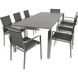 DEGAMO Gartengarnitur Sydney 9-teilig - Esssets für die Terrasse mit 8 komfortablen Stapelsesseln und einem ausziehbaren Tisch (180/240x100cm), wetterfest und ideal für gesellige Runden im Freien.