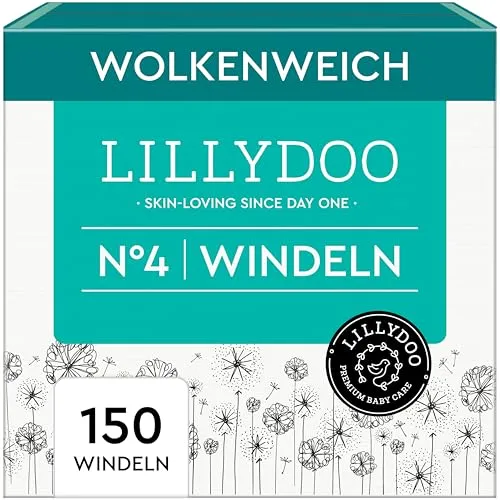LILLYDOO hautfreundliche Baby Windeln - Größe 4 (9+ kg), Monatsbox (150 Stück), Sicherer Auslaufschutz, Weich, Ohne Parfüme & Lotionen für empfindliche Haut, Dermatologisch getestet