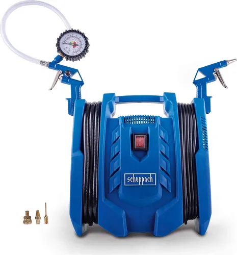 Scheppach mobiler Kompressor Airforce 7 - 1100W Druckluftkompressor - Mobiler ölfreier Kompressor mit 8 bar Druck und 180 L/min, ideal zum Aufpumpen von Reifen und Sportartikeln. Inklusive 4m Schlauch und praktischen Zubehör für einfachen Transport.