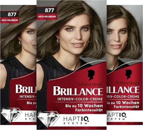 Brillance Intensiv-Color-Creme 877 Asch-Hellbraun (3x170 ml), dauerhafte Haarfarbe mit Diamant-Glanz und Pflege-Conditioner, Coloration für 10 Wochen Farbintensität und 100% Grauabdeckung