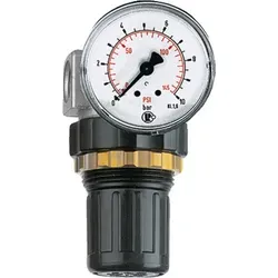 Riegler Druckregler "Standard-mini" G 1/4, 0,5-16 bar - Druckregler für präzise Druckkontrolle, inkl. Manometer und Schalttafelmutter. Kompakt, vordruckunabhängig und ideal für verschiedene Anwendungen.