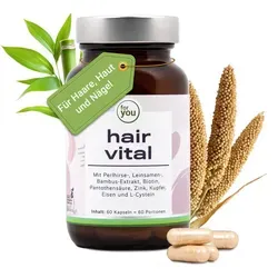 for you hair vital Kapseln - Nahrungsergänzungsmittel mit wertvollen Vitalstoffen für gesunde Haare, Haut und Nägel. Mit einer speziellen Formel aus Perlhirse, Leinsamen und Bambus, unterstützt es das Haarwachstum und stärkt das Bindegewebe.