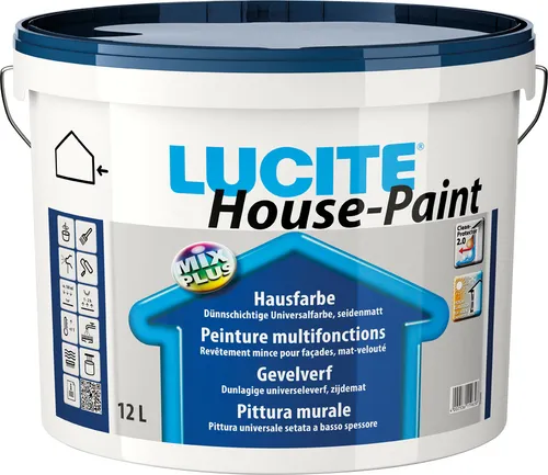 LUCITE House-Paint 1L Universal Fassadenfarbe, weiss, seidenmatt - Lacke, umweltschonende Fassadenfarbe, wasserverdünnbar und schlagregendicht für eine langlebige und einfache Anwendung.