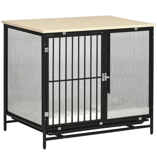 PawHut Hundekäfig aus Stahl und Spanplatte - Hundehütte aus robustem Stahl mit verriegelbarer Tür, bietet höchsten Schlafkomfort dank maschinenwaschbarer Matte – ideal für Ihren Vierbeiner!