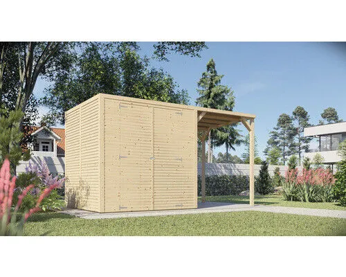 Gartenhaus KONIFERA "Beno 3 PLUS" – modernes Gerätehaus mit Flachdach - Gartenhäuser aus Holz mit Fineline-Rhombusprofil. Hohe Doppeltüren für einfachen Zugang und viel Stauraum. Ideal für Gartenliebhaber, die Funktionalität und Stil schätzen.