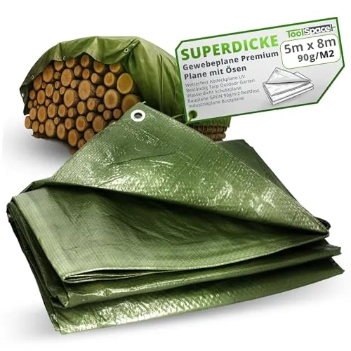 ToolSpace SUPERDICKE Gewebeplane Premium Plane mit Ösen 5x8 m Wetterfest Abdeckplane UV Beständig Tarp Outdoor Garten Wasserdicht Schutzplane Bauplane GRÜN 90g/m2 Reißfest Industrieplane Bootplane