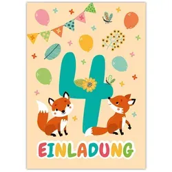 JUNAPACK Einladungskarten Fuchs Einladungen zum 4. Geburtstag Karten für Kinder Wald Tiere, Einladungskarten zum vierten Geburtstag mit Fuchs Motiv Waldtiere
