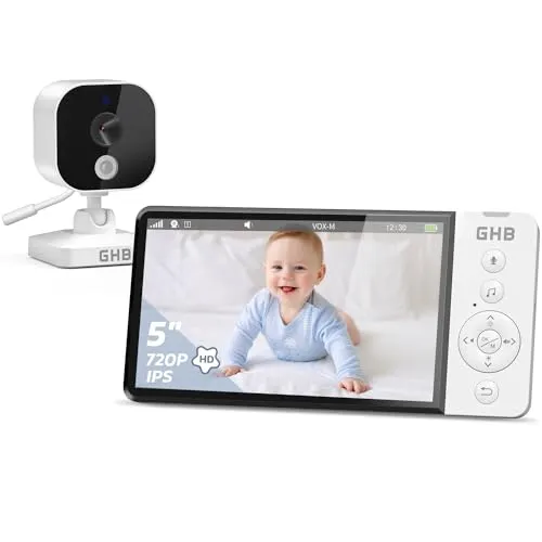 GHB Babyphone mit Kamera 5 Zoll 720P HD - Zuverlässige Überwachung für Ihr Baby - Video-Babyfone mit 720P HD-IPS-Display und 5000mAh Akku für bis zu 22 Stunden im VOX-Modus. Inklusive Nachtsicht und Temperaturanzeige für maximale Sicherheit.