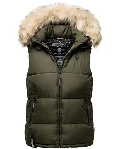 MARIKOO Damen Winter Weste mit Kapuze und Fellkragen - Funktionsjacken mit weichem Obermaterial, trendigem Steppdesign und praktischen Taschen für optimalen Komfort und Stil.
