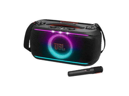 JBL PartyBox On The Go 2 - Party Lautsprecher mit Mikrofon - Party Lautsprecher mit kabellosem Mikrofon, spritzwasserfestem Design und bis zu 15 Stunden Wiedergabezeit – ideal für unvergessliche Feiern und Events.