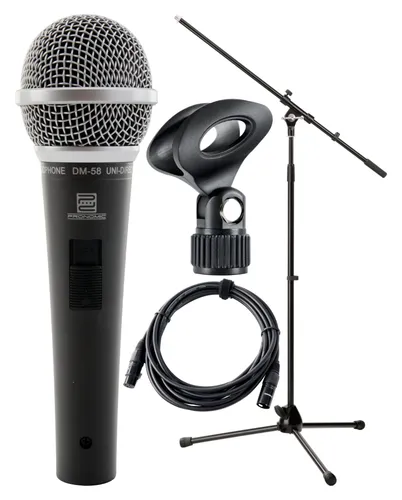 Pronomic DM-58 Dynamisches Gesangs Mikrofon mit Zubehör - Mikrofone - Vielseitiges Gesangsmikrofon mit Supernieren-Charakteristik für optimalen Rückkopplungsschutz und hervorragende Sprachverständlichkeit, inklusive Stativ, Klemme und 5m XLR-Kabel.