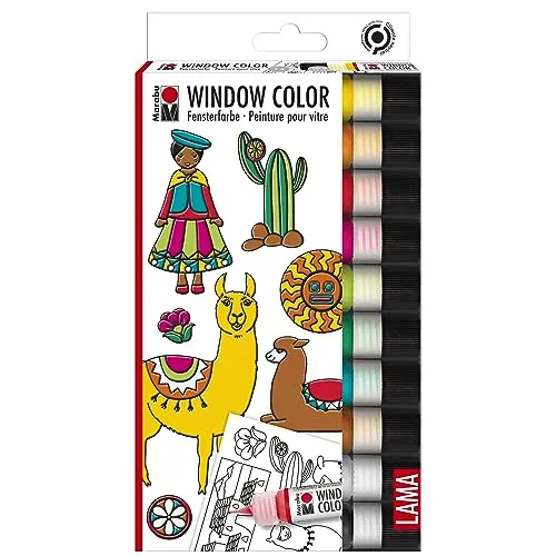 Marabu 0406000000126 - Window Color fun & fancy, Lama, Transparentfarbe auf Wasserbasis, für glatte Oberflächen, 10 x 25 ml Farbe und Malvorlage A4 mit 16 Motiven aus der Lama Welt