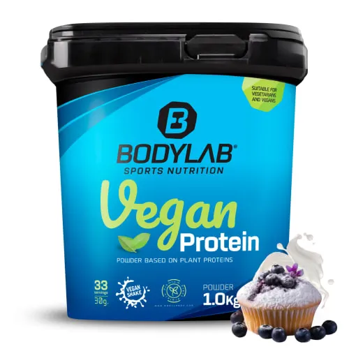 Bodylab24 Vegan Protein Blaubeer-Muffin 1000g - Mehrkomponenten Proteine mit 80g Eiweiß pro 100g, ideal für Muskelaufbau und -erhalt, laktosefrei und perfekt für Diäten.