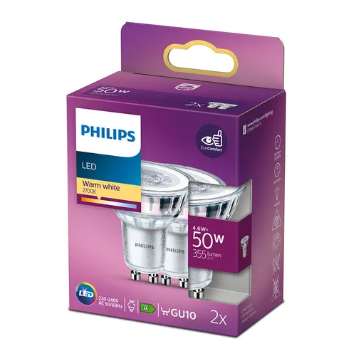 Philips LEDcla 50W GU10 WW ND 2CT 36D LED-Lampe - LED-Lampe für Innenräume mit warmweißem Licht (2700K), ideal für eine gemütliche Atmosphäre. Lange Lebensdauer von 15.000 Stunden und sofortige Energieeinsparungen.