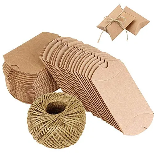Naiocase 100 Stück Klein Kissenschachteln Hochzeit Geschenkboxen mit Juteschnur 60M für Süßigkeiten Schmuck Einladung Geschenk Party Fest - Braunes