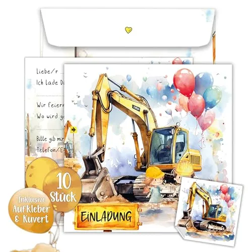 TOBJA Bagger Einladungskarten Kindergeburtstag Junge | XXL Bagger Geburtstagseinladungen jungen 15 x 15 cm | 10er Set mit Umschlägen & Stickern | Einladungskarten Geburtstag