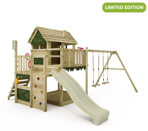 FATMOOSE MightyMansion Move XXL Spielturm mit Rutsche & Schaukel - Großer Spielturm mit kesseldruckimprägniertem Massivholz, Podesthöhen von 120 cm und 150 cm. Inklusive Wellenrutsche, Sandkasten und umfangreichem Zubehör für unendlichen Spielspaß.