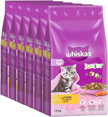 Whiskas Junior Katzentrockenfutter mit Huhn, 6 Beutel, 6x1,9kg – Trockenfutter für heranwachsende Katzen, kleine Kibbles für Kätzchen von 2-12 Monaten- unterschiedliche Produktverpackungen erhältlich