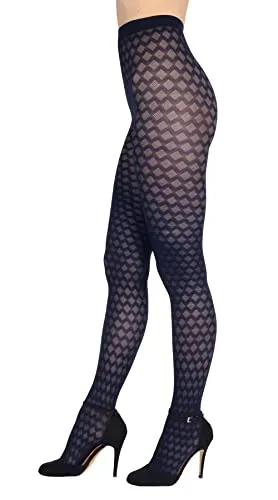 BANANALU Netz Strumpfhosen Damen mit Karo Muster 60 Den blickdichte karierte Alina 60 Deep Navy S