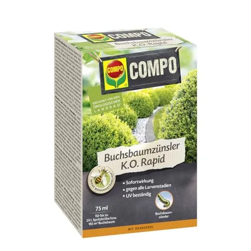 COMPO Buchsbaumzünsler K.O. Rapid 75 ml - Effektives Bekämpfungsmittel gegen Buchsbaumzünsler mit sofortiger Wirkung. Erste Ergebnisse nach nur einem Tag sichtbar. Ideal für die Pflege Ihres Gartens.