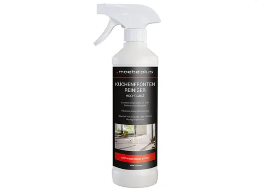 moebelplus Hochglanz Küchenfronten-Reiniger 500 ml - Effektiver Allzweckreiniger mit Anti-Fingerprint-Effekt, entfernt streifenfrei Öl- und Fettverschmutzungen von lackierten oder folierten Hochglanzfronten.
