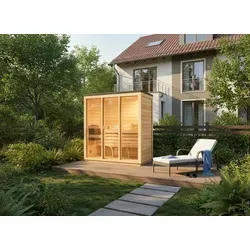 FinnTherm Gartensauna Kuuma M – Naturbelassen, 199x111cm für bis zu 3 Personen - Entspannen Sie in Ihrer eigenen Gartensauna Kuuma M! Ideal für kleine Räume, aus naturbelassener Fichte, mit großen Fenstern für Licht und Wärme. Perfekt für Garten, Terrasse oder Balkon.