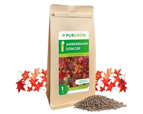 Purgrün Bio Amberbaum Dünger, NPK 6+3+8, 1 kg - Pflanzendünger für Amberbäume – Organisch-mineralische Formel mit 2 % Magnesium für kräftiges Wachstum und optimale Blattfärbung. Ideal für gesunde Pflanzen und humusreiche Böden.