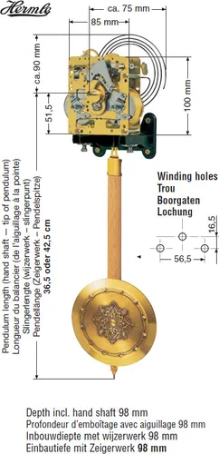 Hermle Federzugwerk MF Hermle, 14-Tage, Pendellänge 42,5 cm, mit Tonfederschlag