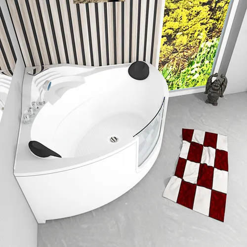 Pool Badewanne Eckwanne S60-TH 140x140cm mit Tür - Moderne Eckbadewanne für 2 Personen, aus 100% glasfaserverstärktem Acryl, inkl. Wasserfall und Nackenkissen. Ideal für entspannende Wellnessmomente in Ihrem Badezimmer.