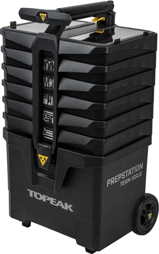 Topeak PrepStation Team Issue - Werkzeugset mit 48 Profi-Tools und sieben Fächern, ideal für präzises Arbeiten. Ausziehbare 5'-Rollen bieten Flexibilität, während der faltbare Aluminiumgriff für einfachen Transport sorgt.
