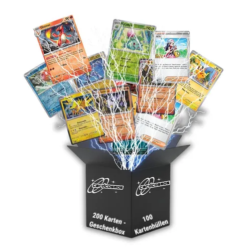 Pokémon Karten Set Deutsch – 200 Karten inkl. 25 Holo & 100 Hüllen - Erlebe die Vielfalt mit 200 originalen Pokémon Sammelkarten inkl. 25 Holo-Karten und 100 Schutzhüllen. Ideal für Sammler und Spieler, um Decks zu erweitern oder neue Strategien auszuprobieren.