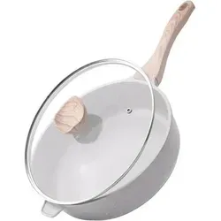 Keramik Bratpfanne 28 cm Induktion mit Deckel und Holzgriff - Vielseitige 28 cm Bratpfanne mit hochwertiger Keramikbeschichtung für müheloses Kochen und einfache Reinigung. Ideal für alle Herdarten, inkl. Induktion, und mit ergonomischem Holzgriff.