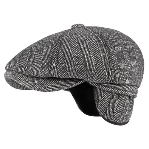 Sporty Winter Schirmmütze mit Ohrenklappen für Herren - Klassische Baskenmütze im Retro-Look mit einklappbarem Ohrenschutz. Ideal für Outdoor-Aktivitäten wie Wandern und Radfahren. Einheitsgröße dank elastischem Gummiband.