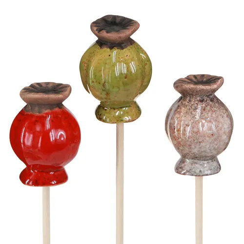 Keramik Blumenstecker Mohn Deko - 6 Stk in 3 Farben - Sonstige Dekoartikel für den Garten, ideal für den Frühling, aus hochwertiger Keramik und Holz, verleiht Ihrem Garten einen charmanten Landhausstil.