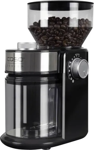 CASO Design Kaffeemühle BARISTA CREMA - Perfekter Kaffeegenuss - Kaffeemühle für bis zu 12 Tassen, elegant in Schwarz/Silber, leicht zu reinigen und mit 150 W Motor für frisch gemahlenen Kaffee.