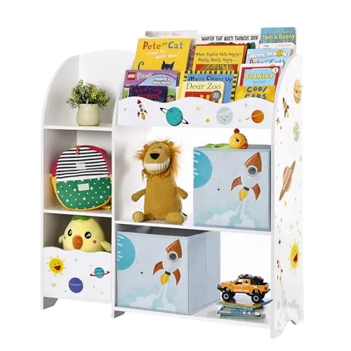 SONGMICS Kinderzimmerregal mit Spielzeug-Organizer - Multifunktionale Ablage mit 2 Aufbewahrungsboxen und Weltall-Stickern, ideal für Ordnung im Kinderzimmer und zur Förderung der Kreativität.