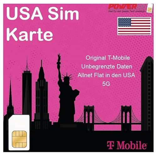 Power SIM Prepaid SIM-Karte USA - 50GB 5G/LTE - SIM-Karten für USA mit 50GB Daten, unbegrenzten Anrufen und SMS, ideal für Reisende und kurze Aufenthalte.