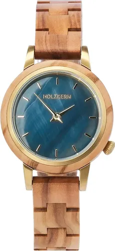 Holzkern Quarzuhr Antrim Olive/Perlmutt - Elegante Damen-Armbanduhr mit präzisem japanischen Quarzwerk und Zifferblatt aus blauem Perlmutt, ideal für stilbewusste Frauen.