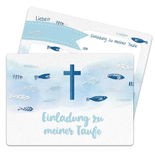 Papierdrachen 12 Einladungskarten zur Taufe - Motiv Kreuz und Fische - Einladung zur Heiligen Taufe für Mädchen und Jungen - hochwertig gedruckt in DIN A6