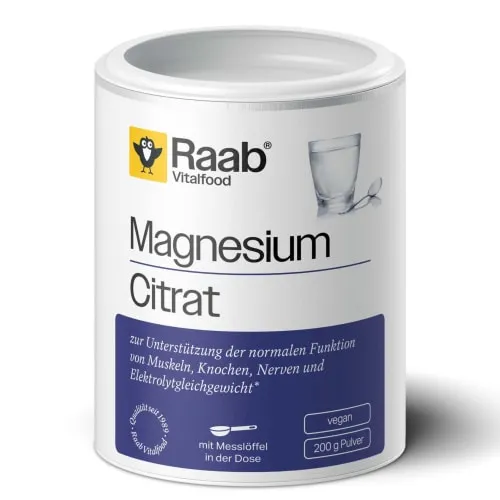 Raab® Vitalfood Magnesiumcitrat Pulver - Magnesium Nahrungsergänzungsmittel für hohe Bioverfügbarkeit, unterstützt Muskelfunktion, Nervensystem und Knochengesundheit.