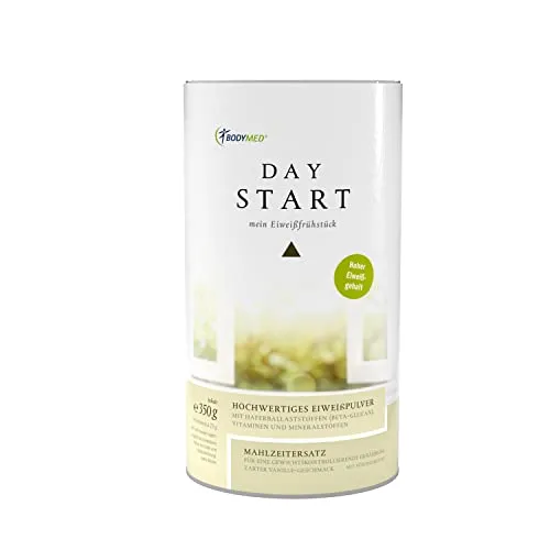 DAY START Pulver 350 g - Eiweißreiches Frühstück - Mahlzeitenersatz & Diät-Drinks mit 26g Eiweiß pro Portion, ideal für Gewichtsmanagement und einfache Zubereitung. Genießen Sie einen cremigen Vanille-Geschmack und unterstützen Sie Ihre Fettverbrennung!