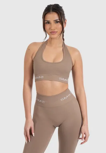 Smilodox Sport-BH Azura, Seamless Sport Top Rückenfrei Starker Halt Fitness Alltag Scrunch Bra ohne Bügel Atmungsaktiv Yoga Gym Bustier Schriftzug, Hellbraun