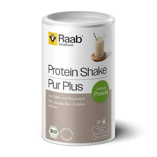 Raab Vitalfood® Bio Protein Shake Pur Plus (500 g) - Mehrkomponenten Proteine mit 78 % pflanzlichem Protein aus Erbsen und Reis, ergänzt durch Milchsäurebakterien für eine optimale Verdauung. Hergestellt in Deutschland, IFS-zertifiziert.